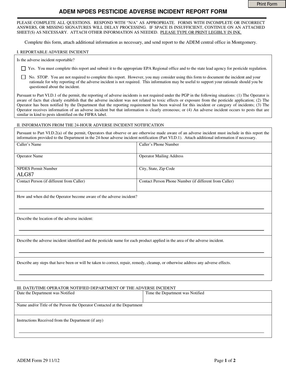 ADEM Form 29 ADEM Npdes Pesticide Adverse Incident Report Form - Alabama, Page 1