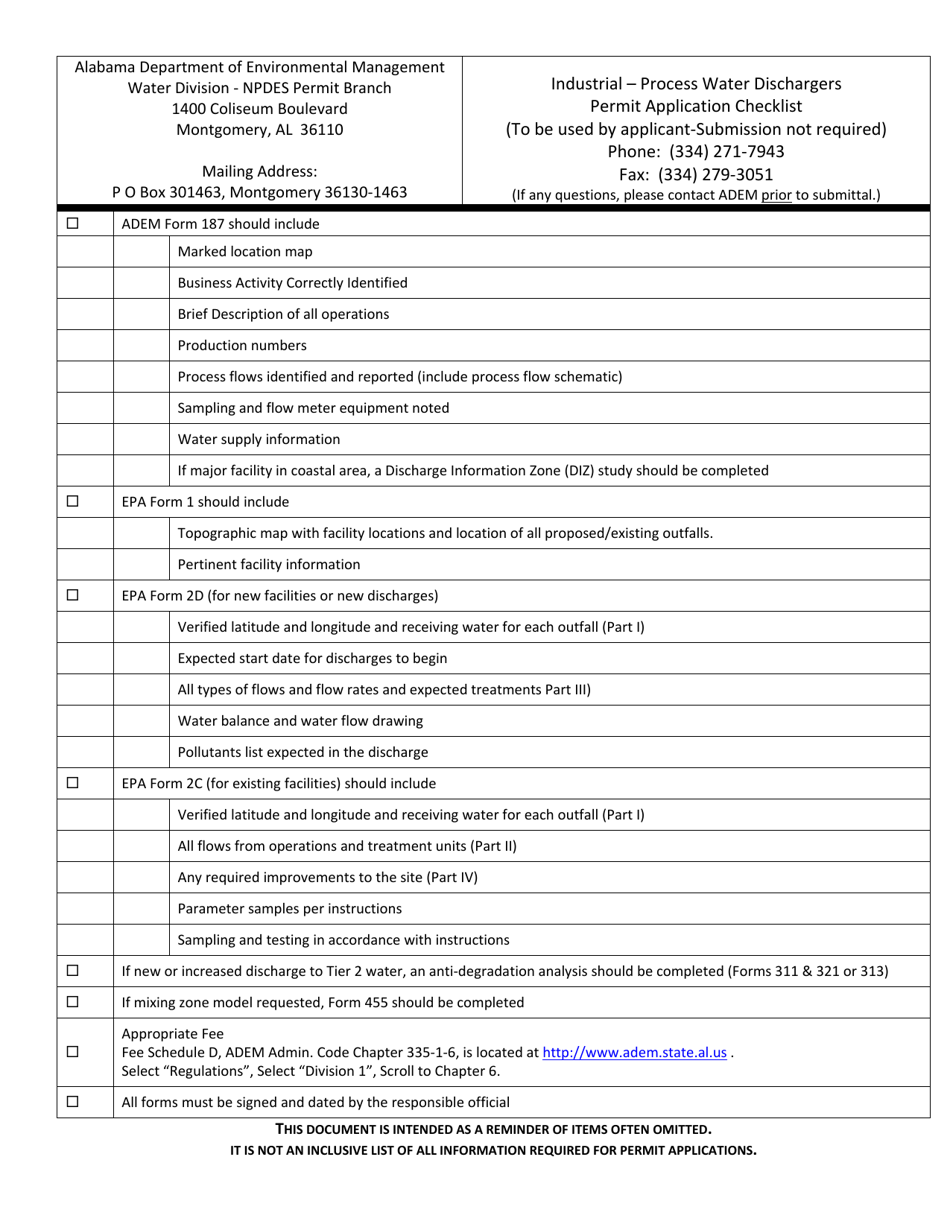 Industrial - Process Water Dischargers Permit Application Checklist - Alabama, Page 1