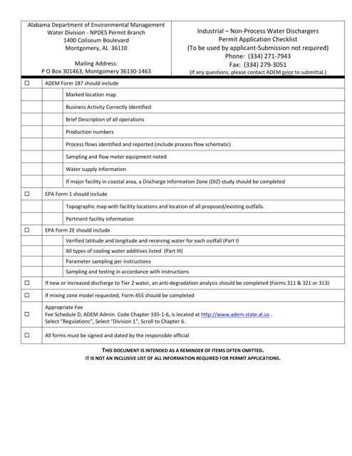 Industrial - Non-process Water Dischargers Permit Application Checklist - Alabama Download Pdf