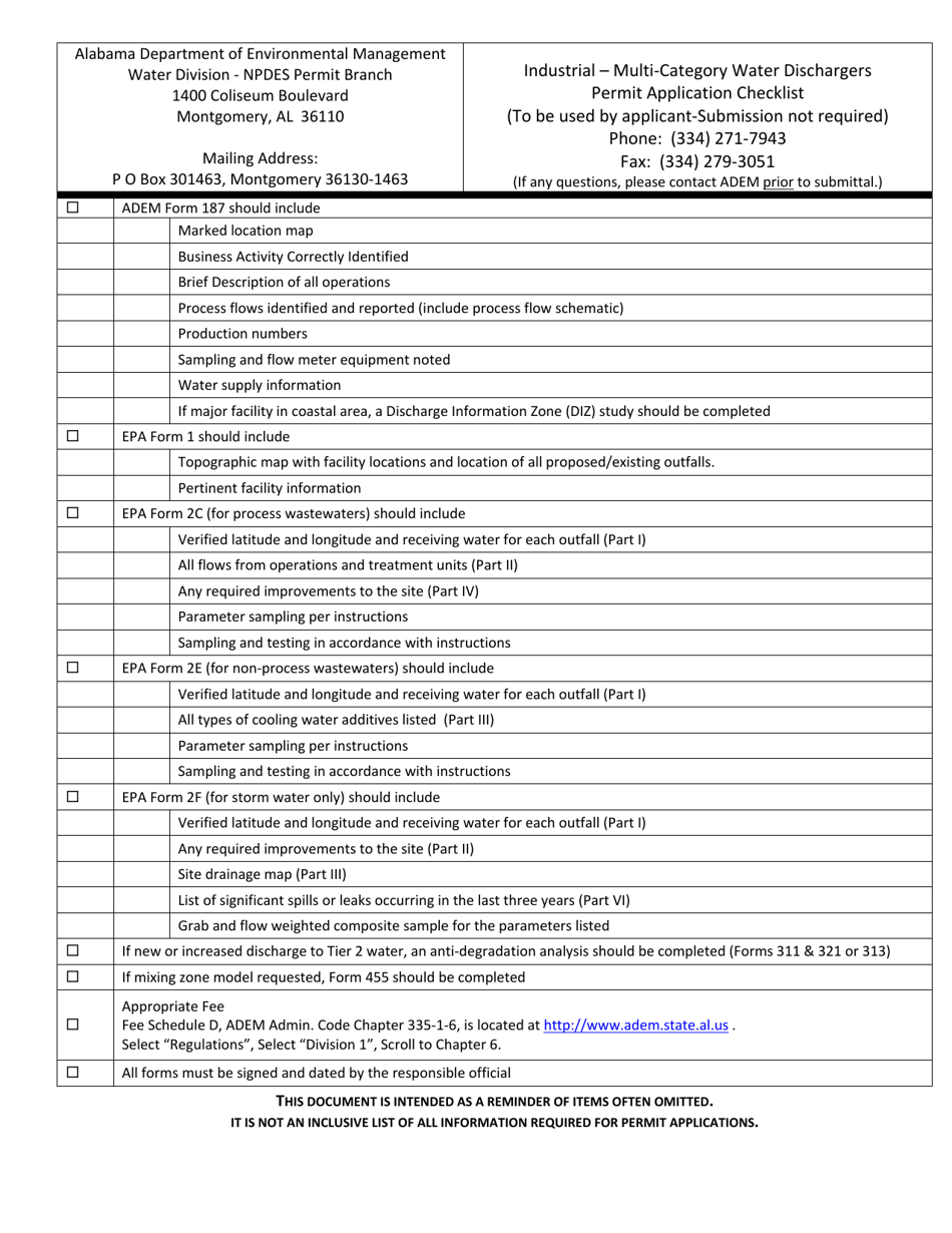 Industrial - Multi-category Water Dischargers Permit Application Checklist - Alabama, Page 1