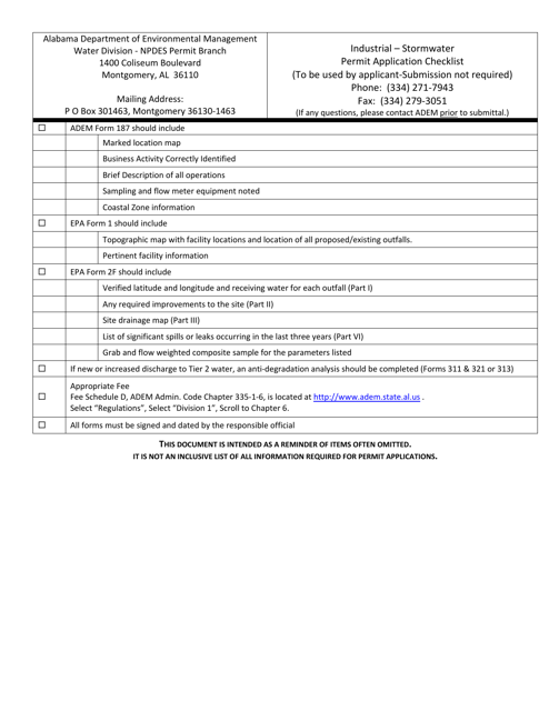 Industrial - Stormwater Permit Application Checklist - Alabama Download Pdf