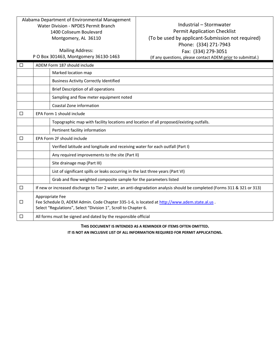 Industrial - Stormwater Permit Application Checklist - Alabama, Page 1
