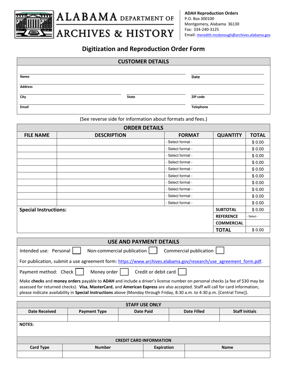 Digitization and Reproduction Order Form - Alabama, Page 1