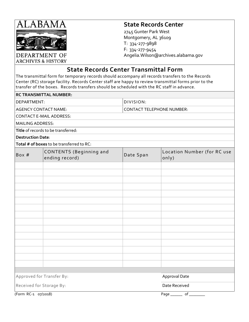 Form RC-1 State Records Center Transmittal Form - Alabama, Page 1