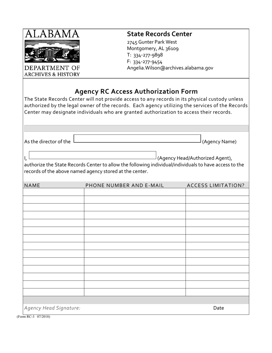 Form RC-3 Agency RC Access Authorization Form - Alabama, Page 1