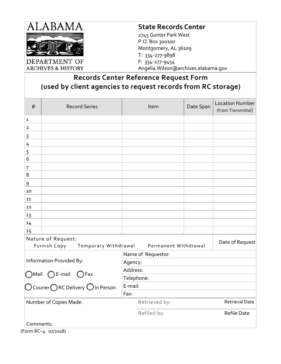 Form RC-4 Records Center Reference Request Form - Alabama, Page 1