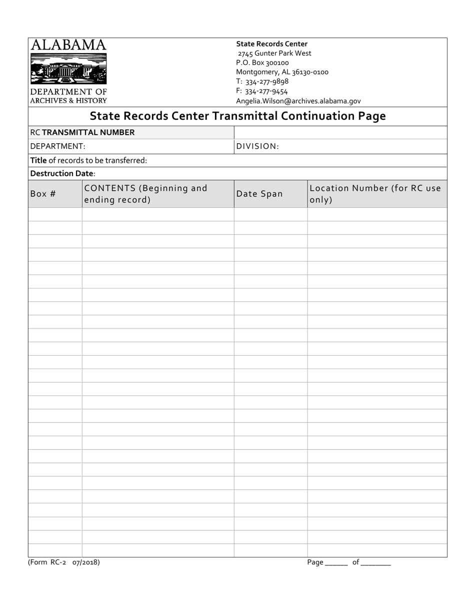 Form RC-2 State Records Center Transmittal Continuation Page - Alabama, Page 1