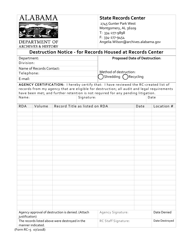 Document preview: Form RC-5 Destruction Notice - for Records Housed at Records Center - Alabama