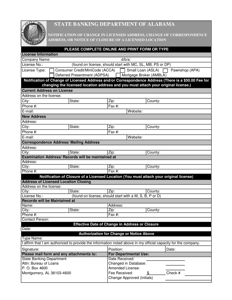 Notification of Change in Licensed Address, Change of Correspondence Address, or Notice of Closure of a Licensed Location - Alabama, Page 2
