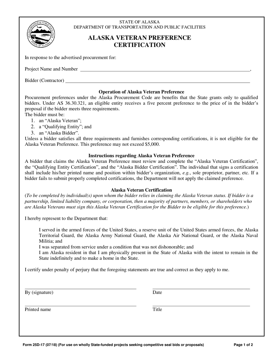 Form 25D-17 Alaska Veteran Preference Certification - Alaska, Page 1