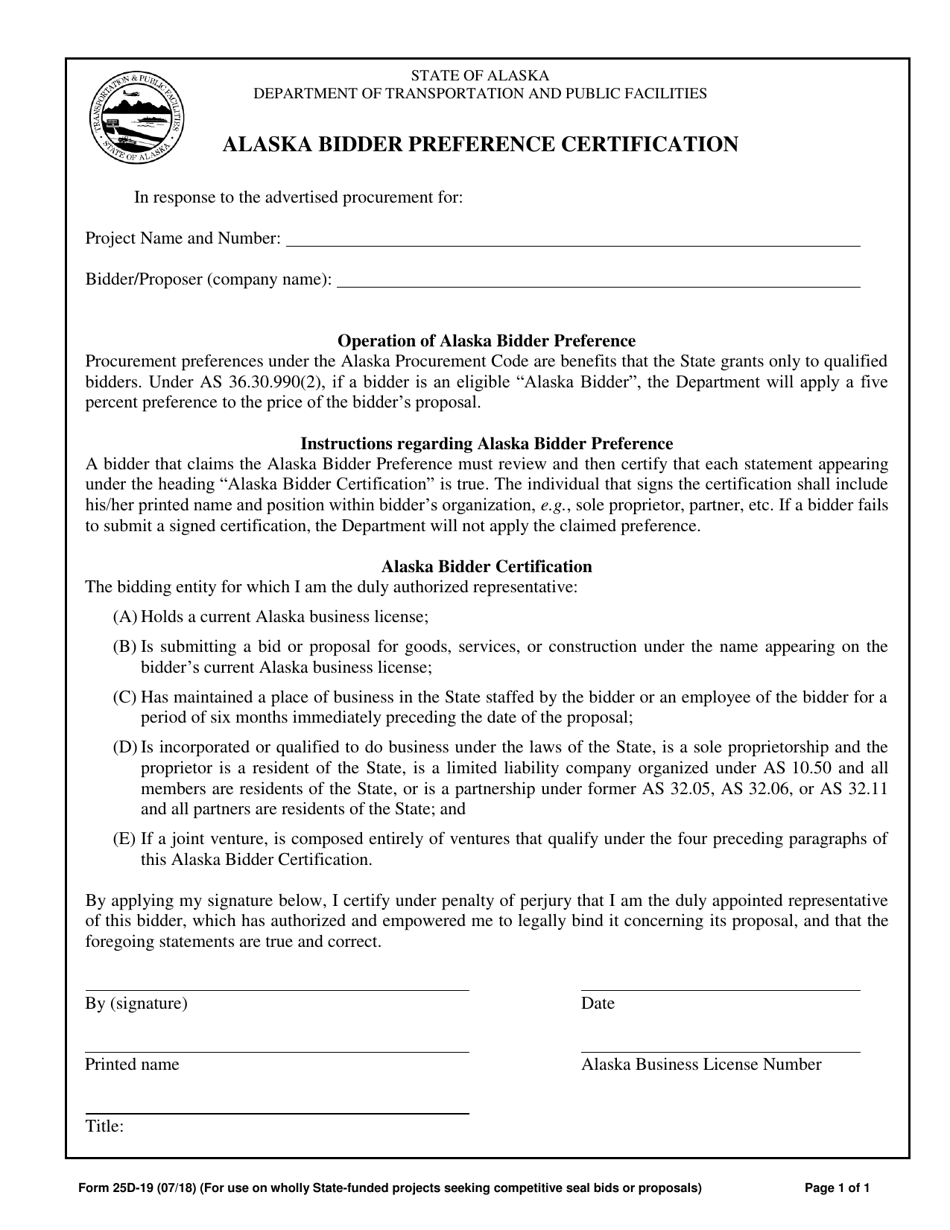 Form 25D-19 Alaska Bidder Preference Certification - Alaska, Page 1