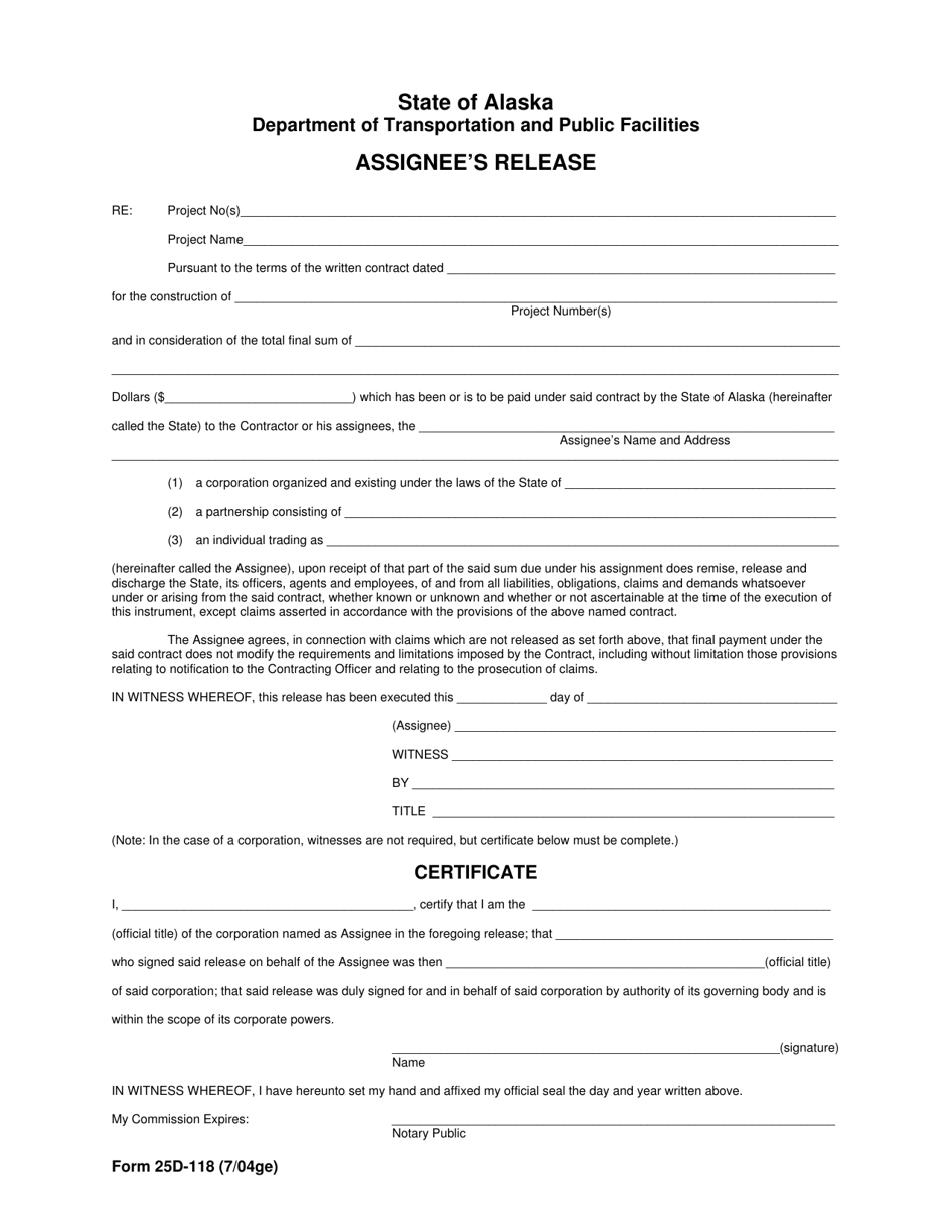 Form 25D-118 Assignees Release - Alaska, Page 1