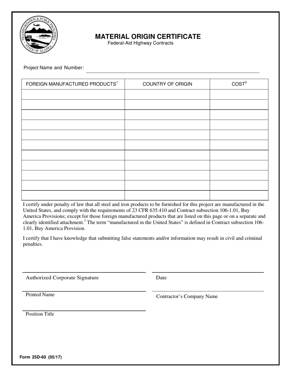 Form 25D-60 Material Origin Certificate - Alaska, Page 1