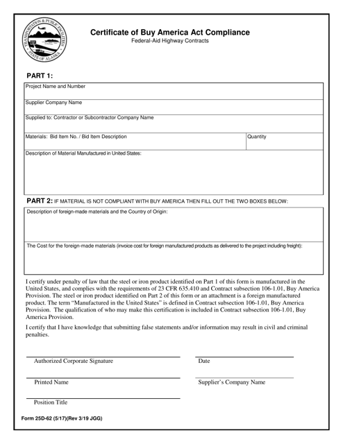 Document preview: Form 25D-62 Certificate of Buy America Act Compliance - Alaska