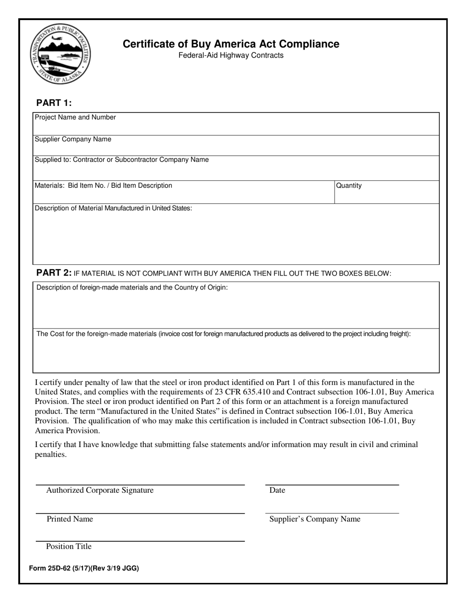 Form 25D-62 Certificate of Buy America Act Compliance - Alaska, Page 1