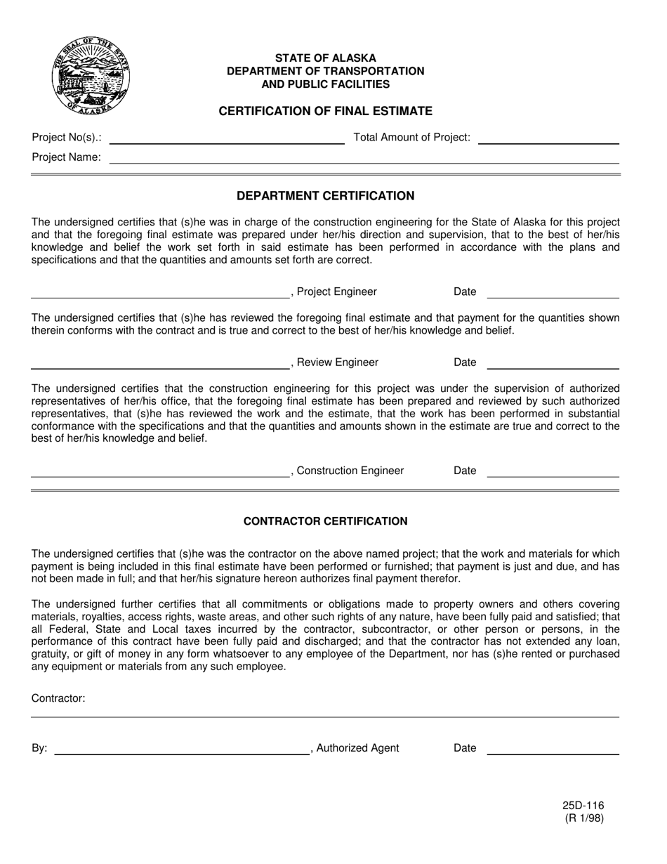Form 25D-116 Certification of Final Estimate - Alaska, Page 1