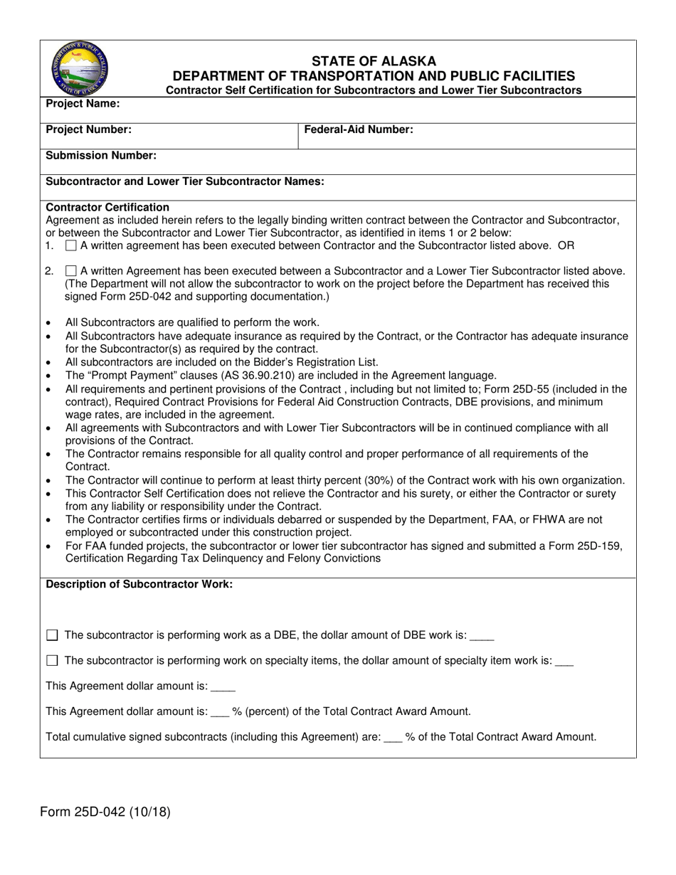 Form 25D-42 Contractor Self Certification for Subcontractors and Lower Tier Subcontractors - Alaska, Page 1