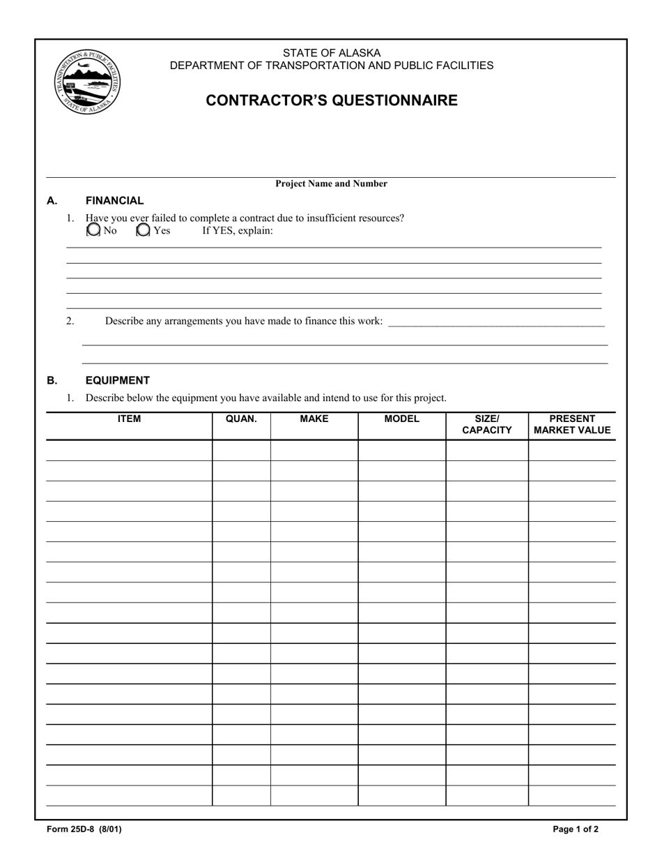 Form 25D-08 Contractors Questionnaire - Alaska, Page 1