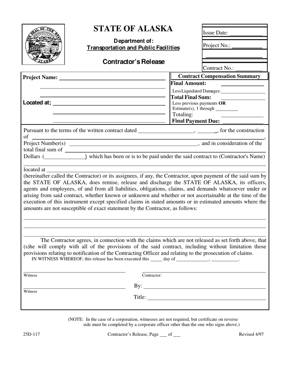 Form 25D-117 Contractors Release - Alaska, Page 1