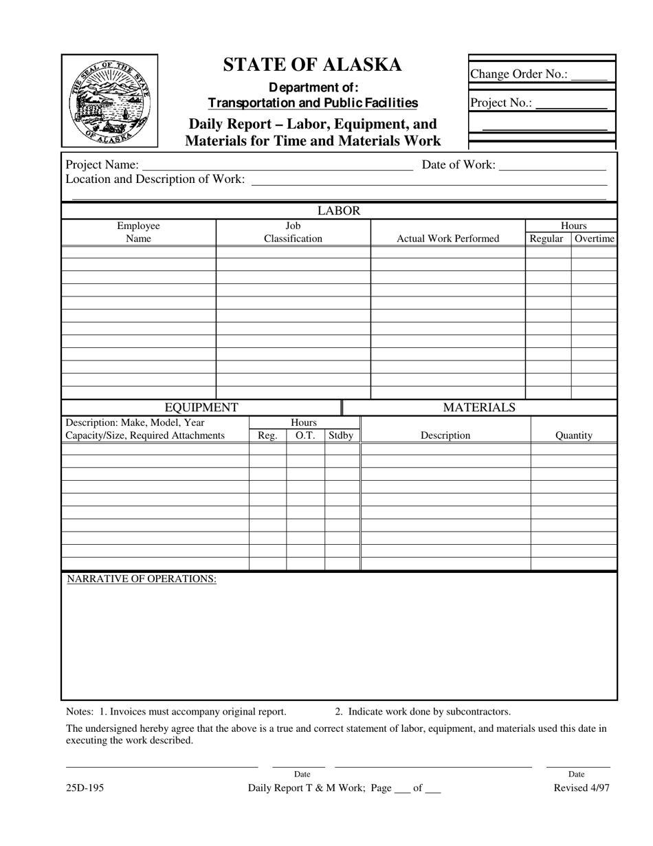 Form 25D-195 Daily Report - Labor, Equipment, and Materials for Time and Materials Work - Alaska, Page 1