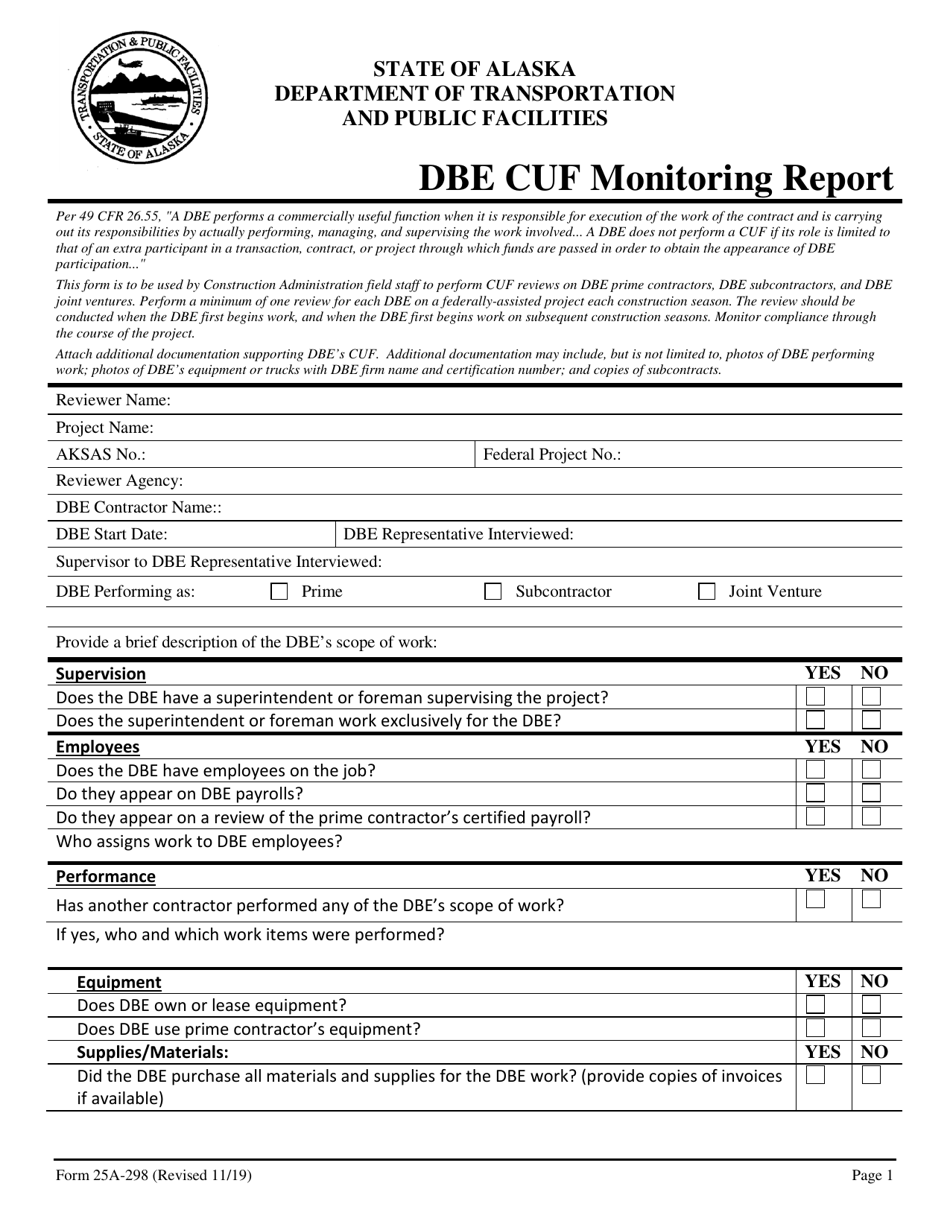 Form 25A-298 Dbe Cuf Monitoring Report - Alaska, Page 1