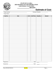 Form 25D-49 &quot;Estimate of Cost&quot; - Alaska