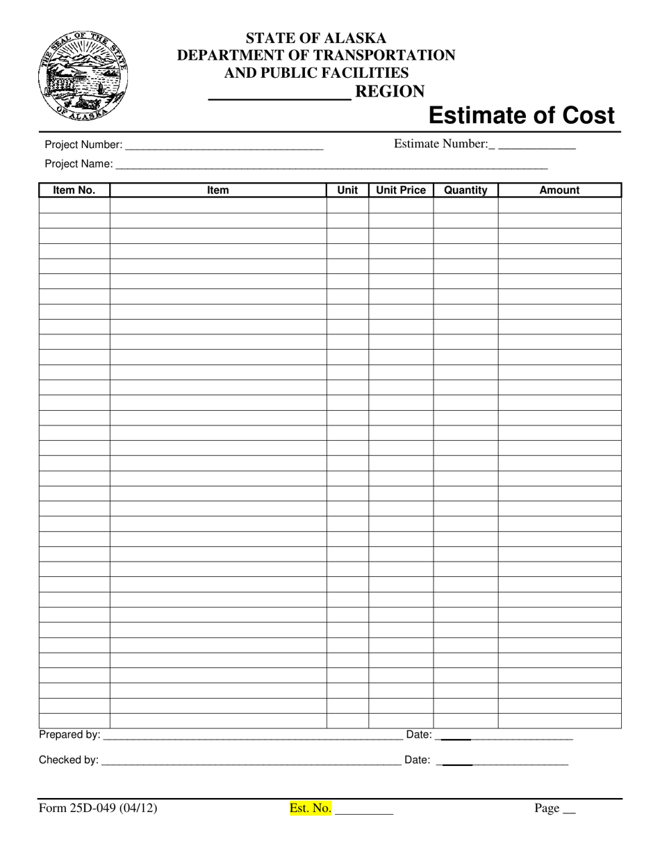 Form 25D-49 Estimate of Cost - Alaska, Page 1