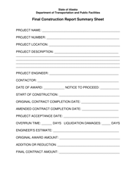 Document preview: Final Construction Report Summary Sheet - Alaska