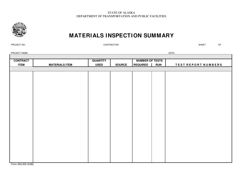 Form 25D-205 Materials Inspection Summary - Alaska, Page 1