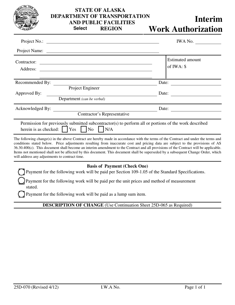 Form 25D-70 Interim Work Authorization - Alaska, Page 1