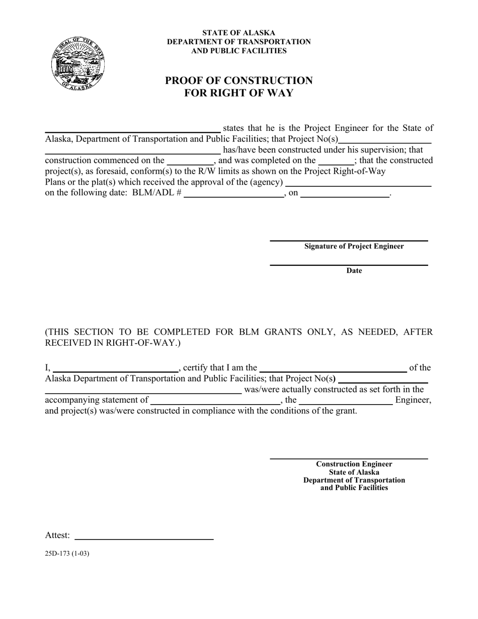 Form 25D-173 Proof of Construction for Right of Way - Alaska, Page 1