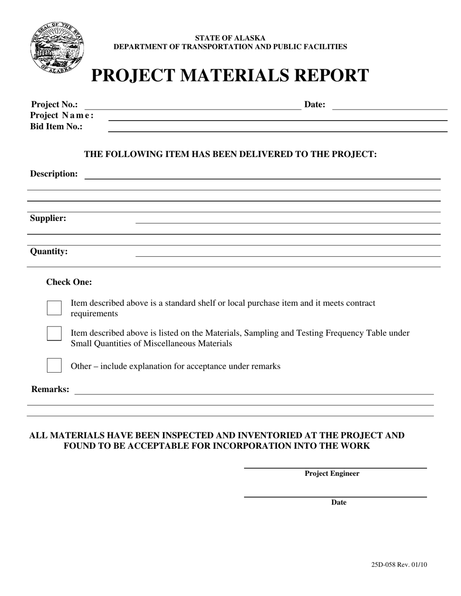 Form 25D-58 Project Materials Report - Alaska, Page 1