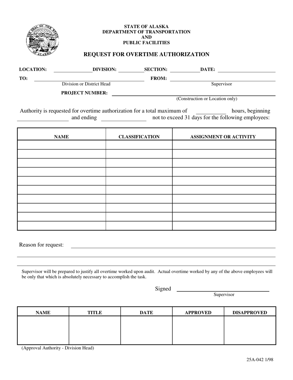 Form 25A-42 Request for Overtime Authorization - Alaska, Page 1
