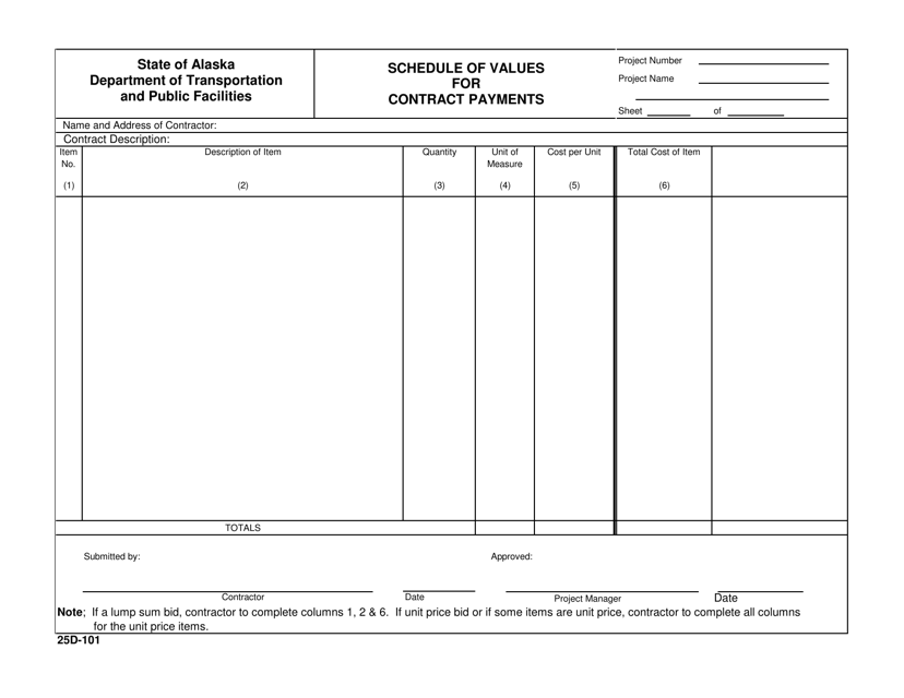 Form 25D-101 Schedule of Values for Contract Payments - Alaska
