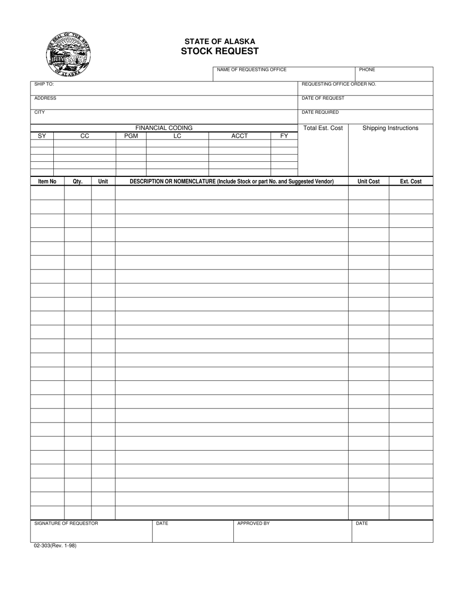 Form 02-303 Stock Request - Alaska, Page 1