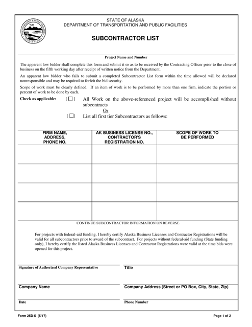 Form 25D-5 Subcontractor List - Alaska