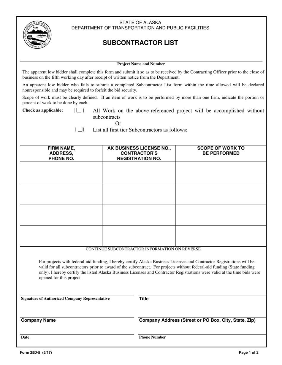 Form 25D-5 Subcontractor List - Alaska, Page 1