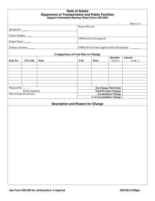Form 25D-64 Support Information/Backup Sheet - Alaska