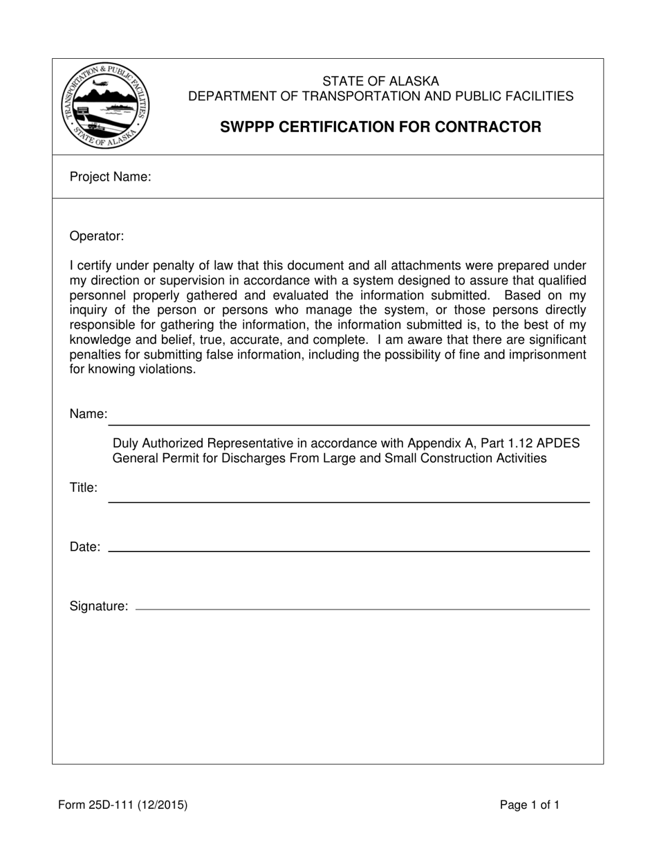 Form 25D-111 Swppp Certification for Contractor - Alaska, Page 1