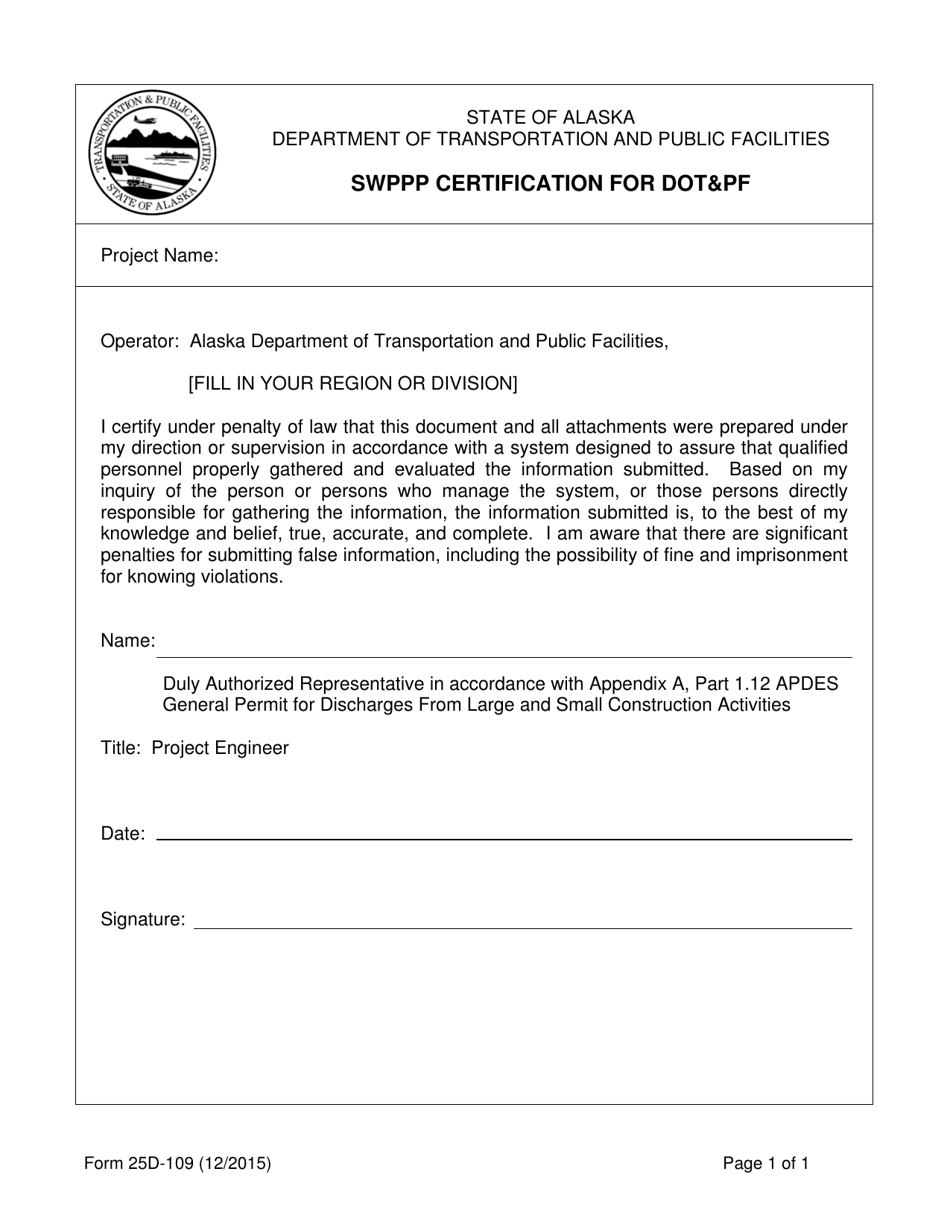 Form 25D-109 Swppp Certification for Dotpf - Alaska, Page 1