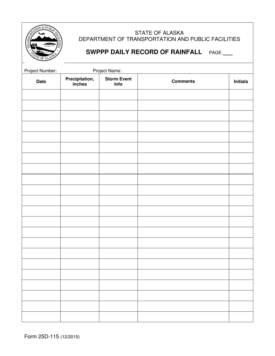 Form 25D-115 Swppp Daily Record of Rainfall - Alaska, Page 1