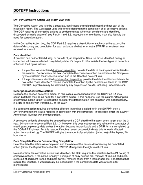 Instructions for Form 25D-112 Swppp Corrective Action Log - Alaska