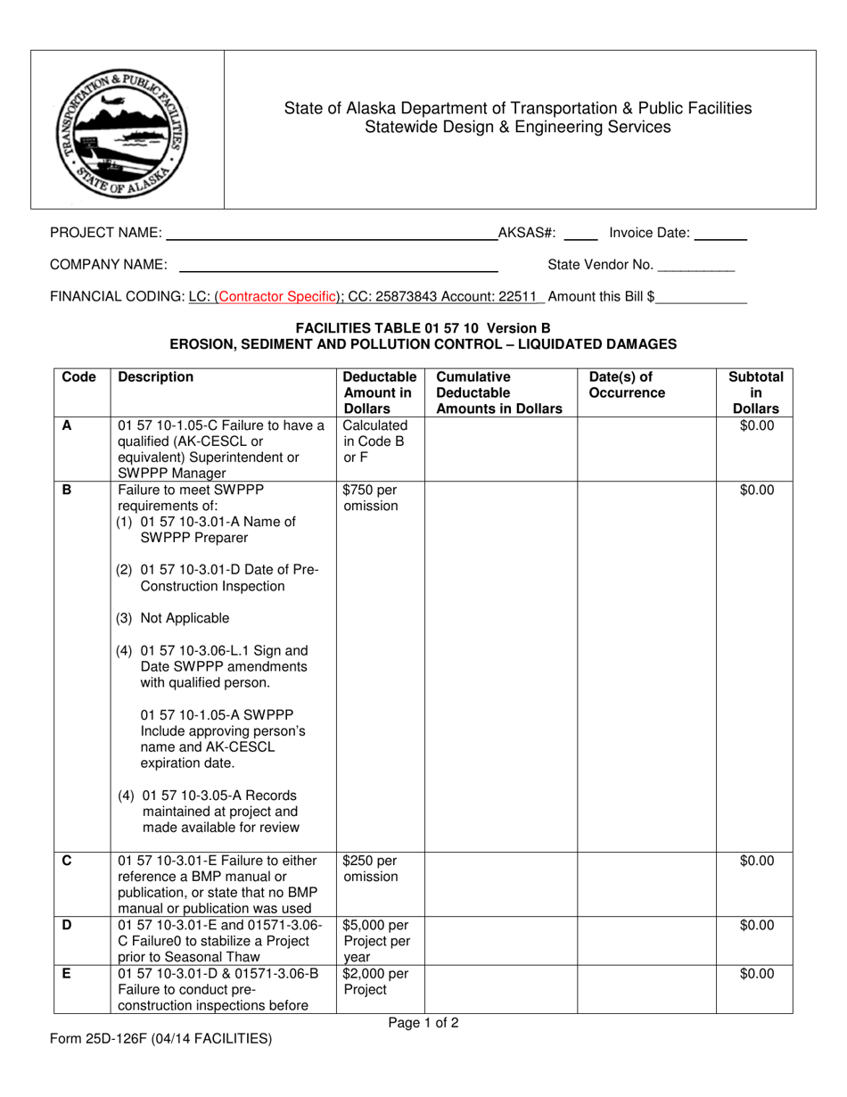 Form 25D-126F Swppp Liquidated Damages Table - Facilities - Alaska, Page 1