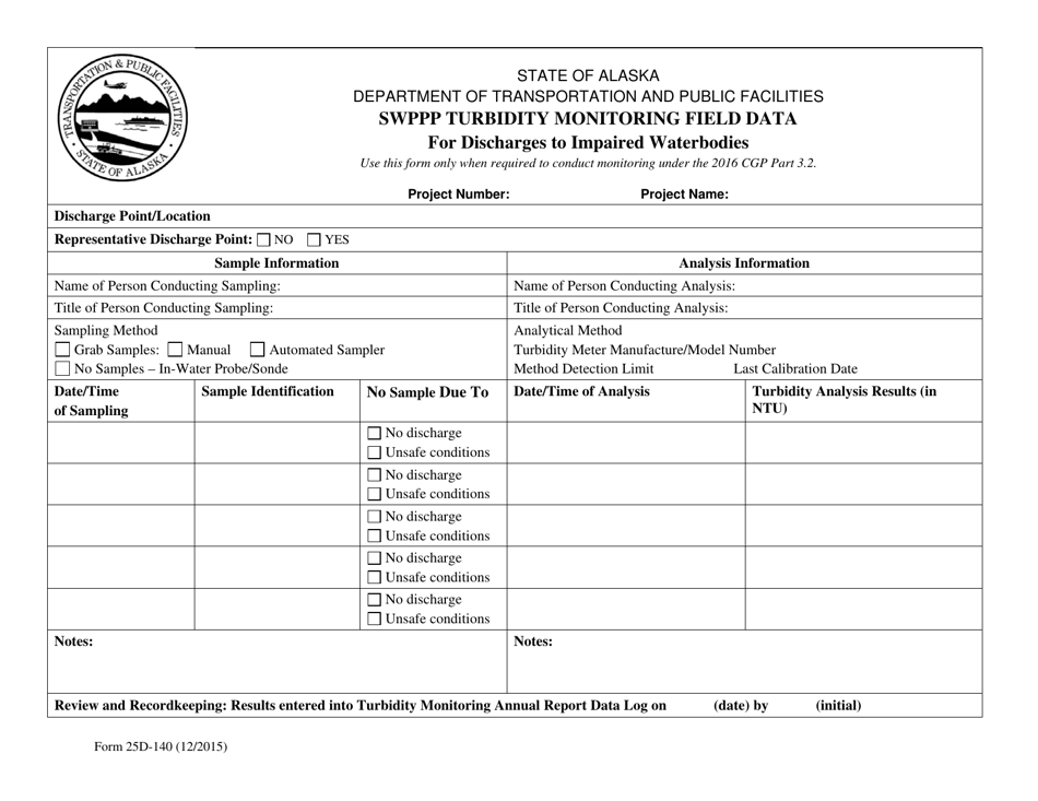 Form 25D-140 Swppp Turbidity Monitoring Field Data for Discharges to Impaired Waterbodies - Alaska, Page 1