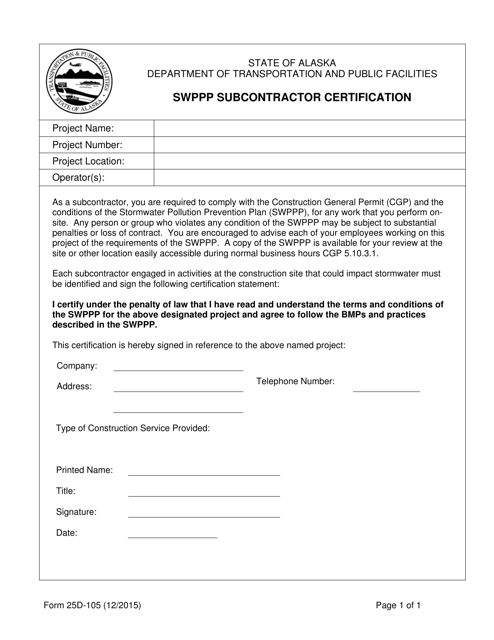Form 25D-105 Swppp Subcontractor Certification - Alaska