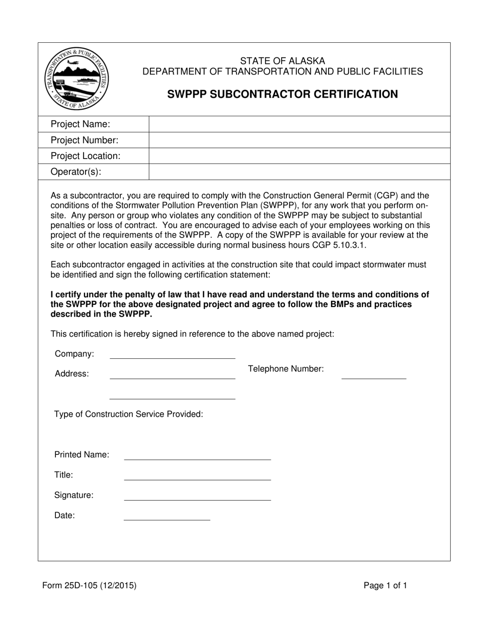 Form 25D-105 Swppp Subcontractor Certification - Alaska, Page 1