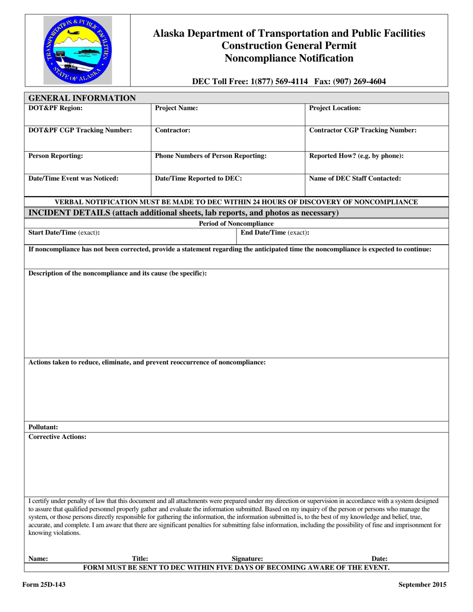 Form 25D-143 Construction General Permit Noncompliance Notification - Alaska, Page 1