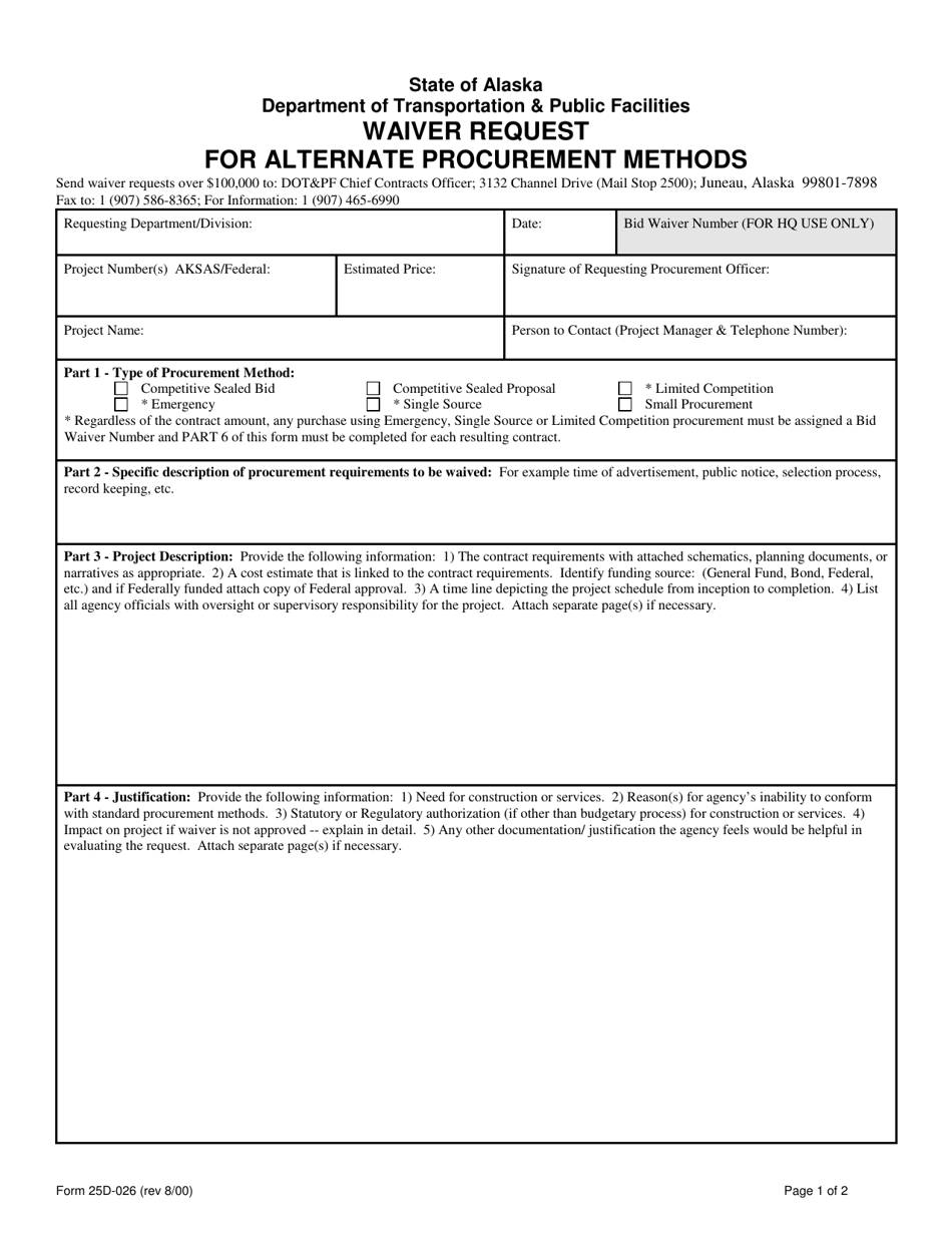 Form 25D-26 Waiver Request for Alternate Procurement Methods - Alaska, Page 1