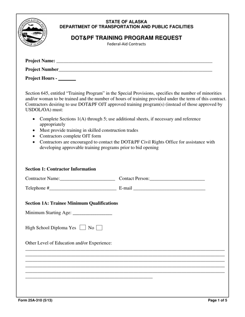 Form 25A-310 Dot&pf Training Program Request - Alaska