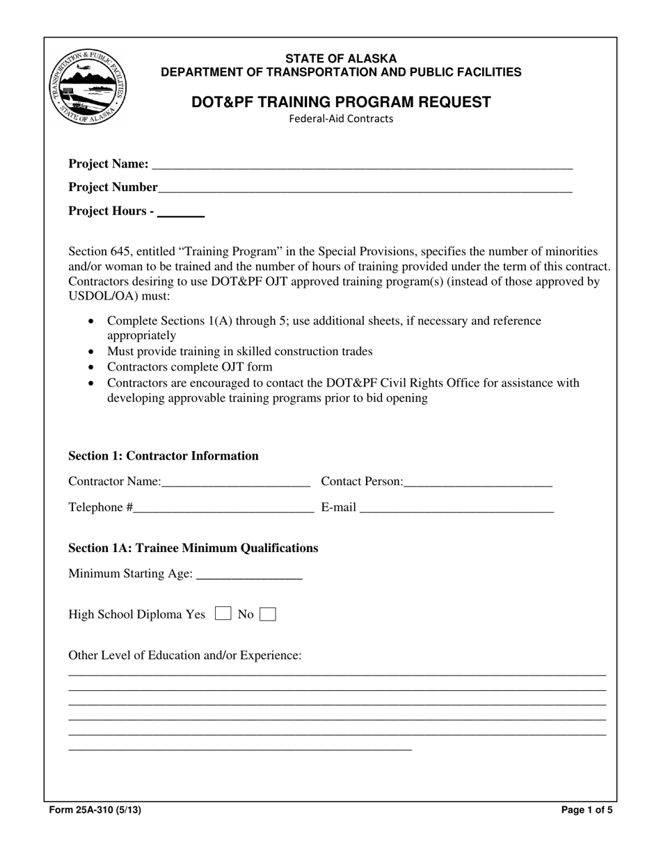 Form 25A-310 Dotpf Training Program Request - Alaska, Page 1